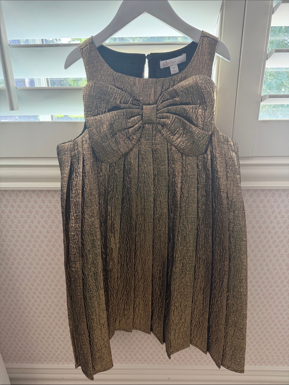 GB girls Metallic Gold Bow-Front Pleated Party Dress